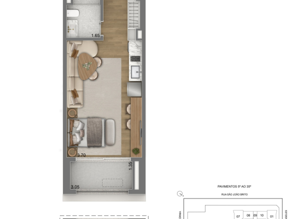 Escape Brooklin — planta privativa de 40 m² — studio HMP com ambiente integrado