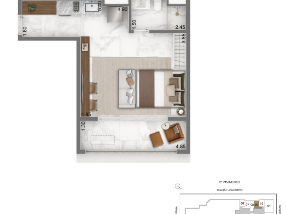 Escape Brooklin — planta privativa de 43 m² — studio HMP com ambiente integrado