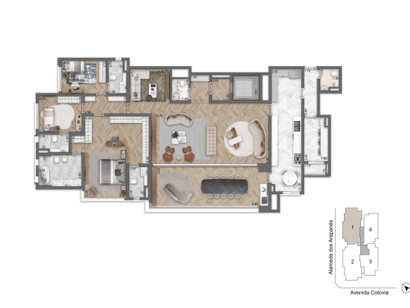LIS Moema | Île Saint-Louis — planta opção de 253 m², três suítes, sala e cozinha ampliadas, Torre 1 final 1