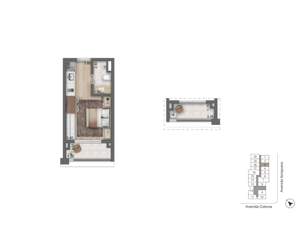 Planta padrão de 27 m² — studio com terraço, final 3 do LIS Moema Studios | Île Saint-Louis
