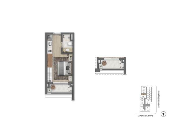Planta padrão de 29 m² — studio com terraço, final 17 do LIS Moema Studios | Île Saint-Louis