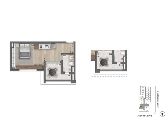 Planta padrão de 38 m² — studio com terraço, final 12 do LIS Moema Studios | Île Saint-Louis