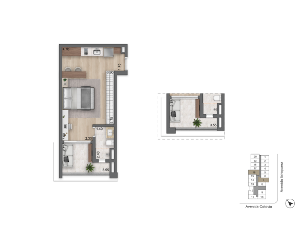 Planta padrão de 42 m² — studio com terraço, final 7 e 16 do LIS Moema Studios | Île Saint-Louis