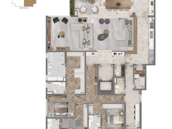 Portrait Parque do Ibirapuera – planta 272 m² opção 1 — 3 suítes e living ampliado