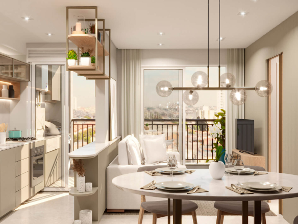 Siena Residencial: Living e cozinha integrada — perspectiva geral