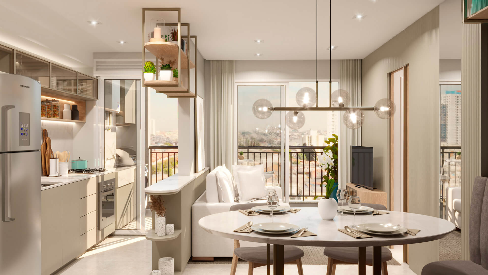 Siena Residencial: Living e cozinha integrada — perspectiva geral