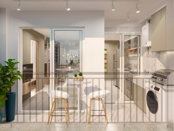 Siena Residencial: Varanda e cozinha — perspectiva geral