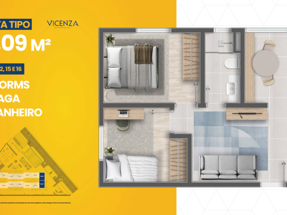 Vicenza Residencial: Planta tipo 40 m² — finais 1, 2, 15 e 16