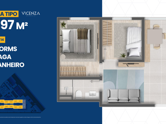 Vicenza Residencial: Planta tipo 40 m² — finais 3 a 14