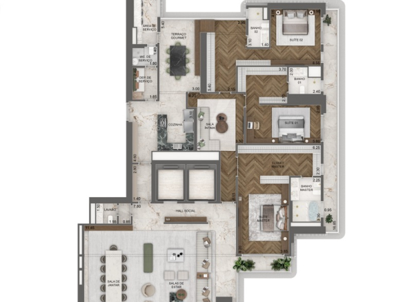 Vista Cyrela Furnished By Armani/Casa – Milano: planta individual opção 1 395 m², 3 suítes, final 1, 17º ao 45º pavimento
