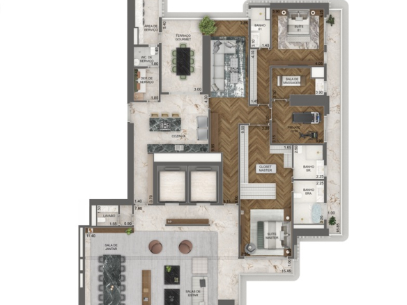 Vista Cyrela Furnished By Armani/Casa – Milano: planta individual opção 3 395 m², 2 suítes, final 1, 17º ao 45º pavimento