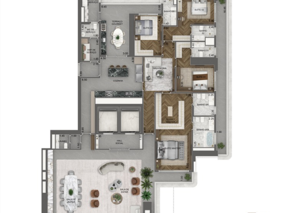 Vista Cyrela Furnished By Armani/Casa – Milano: planta individual padrão 393 m², 4 suítes, final 1, 49º, 50º, 52º e 53º pavimentos