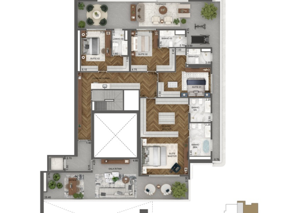 Vista Cyrela Furnished By Armani/Casa – Milano: planta individual penthouse duplex 710 m², 4 suítes, final 1, nível superior da penthouse do 54º pavimento